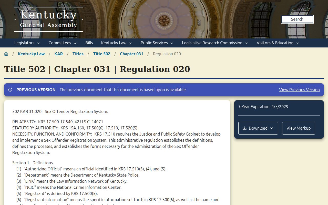 Kentucky regulation for Webster County sex offender registration
